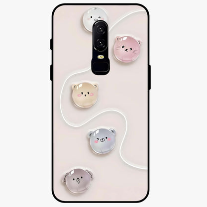 Puffy Face Parade Glass Case showing flat back view with cute puffy character faces artwork and glossy glass finish.