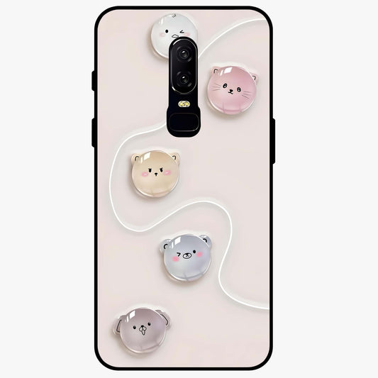 Puffy Face Parade Glass Case showing flat back view with cute puffy character faces artwork and glossy glass finish.