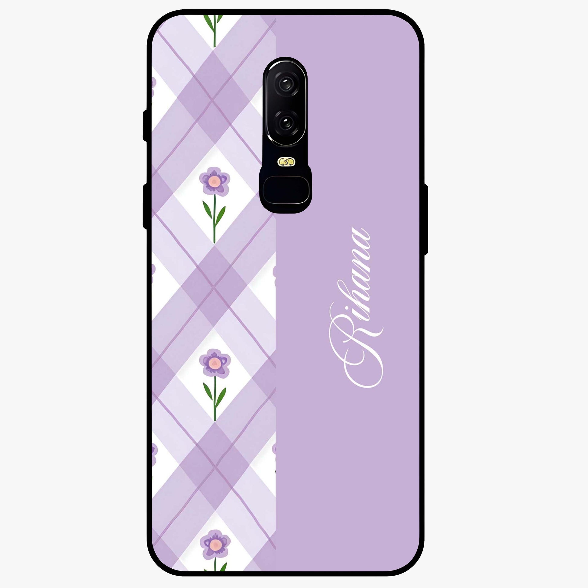 Purple Diamond Floral Glass Case showing flat back view with diamond shaped floral artwork and glossy glass finish.