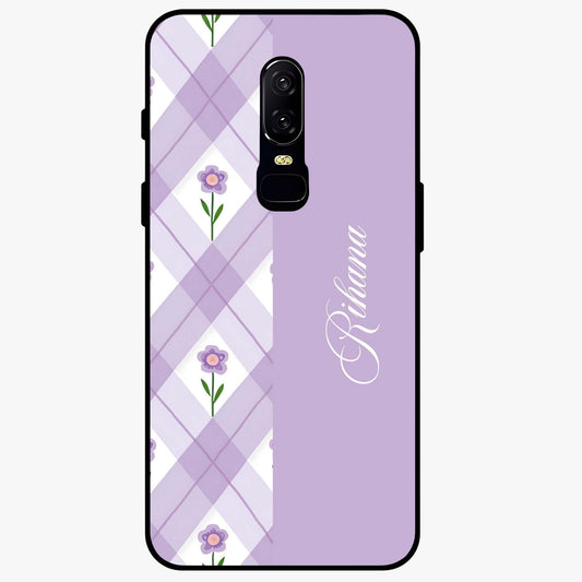 Purple Diamond Floral Glass Case showing flat back view with diamond shaped floral artwork and glossy glass finish.