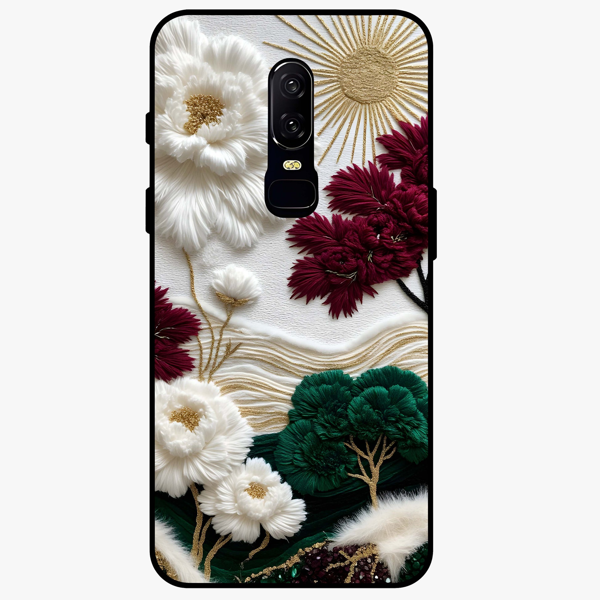Radiant Bloom Elegance Glass Case showing flat back view with elegant blooming flower artwork and glossy glass finish.