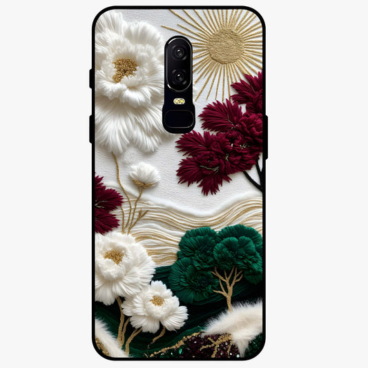 Radiant Bloom Elegance Glass Case showing flat back view with elegant blooming flower artwork and glossy glass finish.