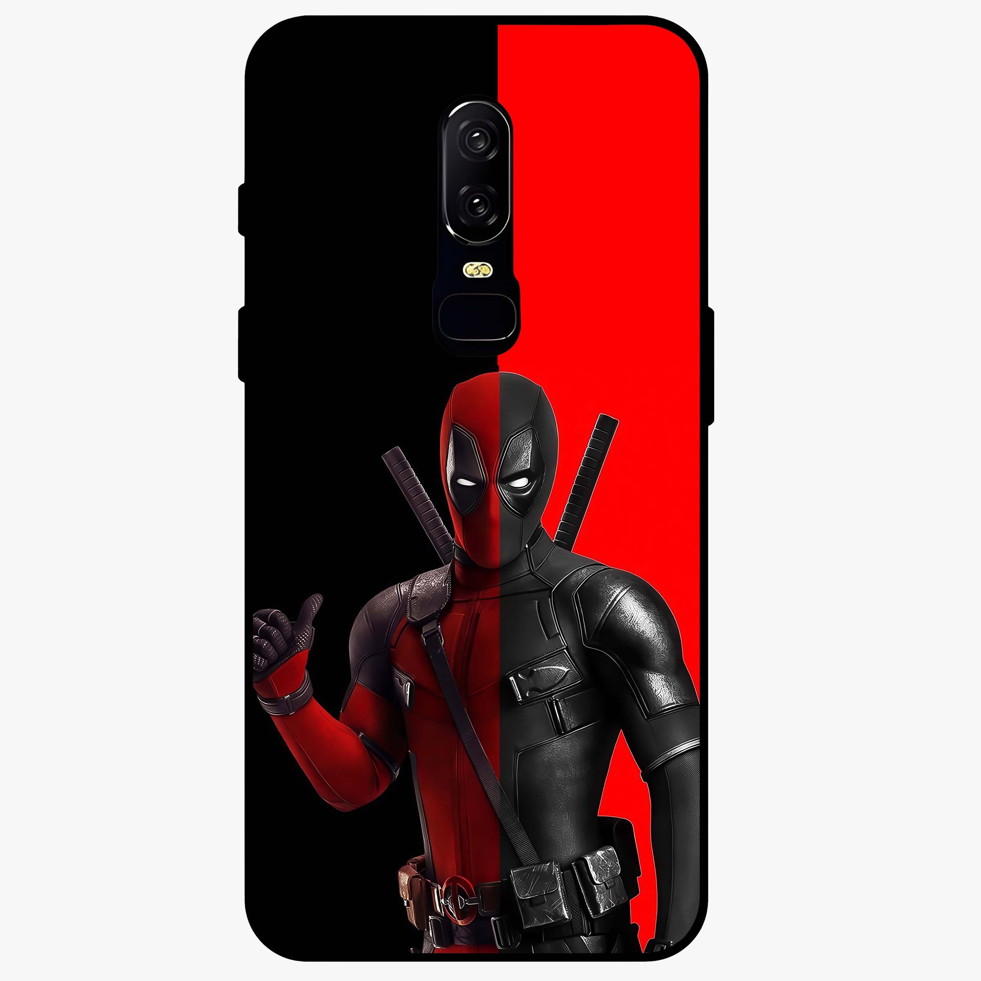 Red & Black Deadpool Theme Glass Case showing flat back view with bold comic inspired artwork and glossy glass finish.