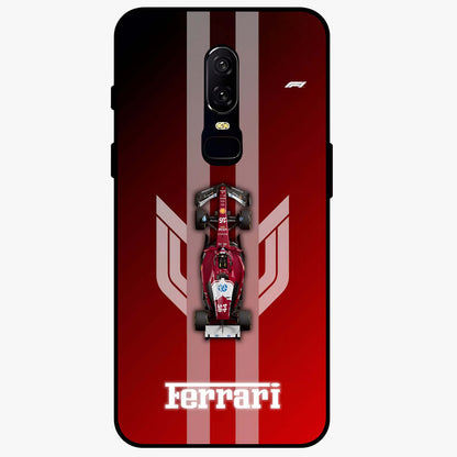 Red Ferrari F1 Vertical Glass Case showing flat back view with sleek Formula racing car artwork and glossy glass finish.