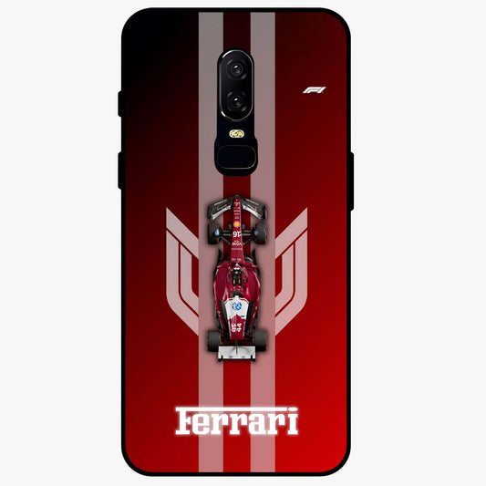 Red Ferrari F1 Vertical Glass Case showing flat back view with sleek Formula racing car artwork and glossy glass finish.