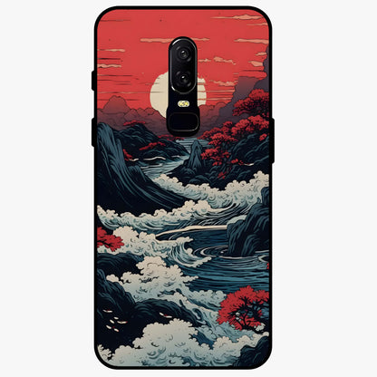 Red Sunset Scenery Glass Case showing flat back view with vibrant sunset landscape artwork and glossy glass finish.