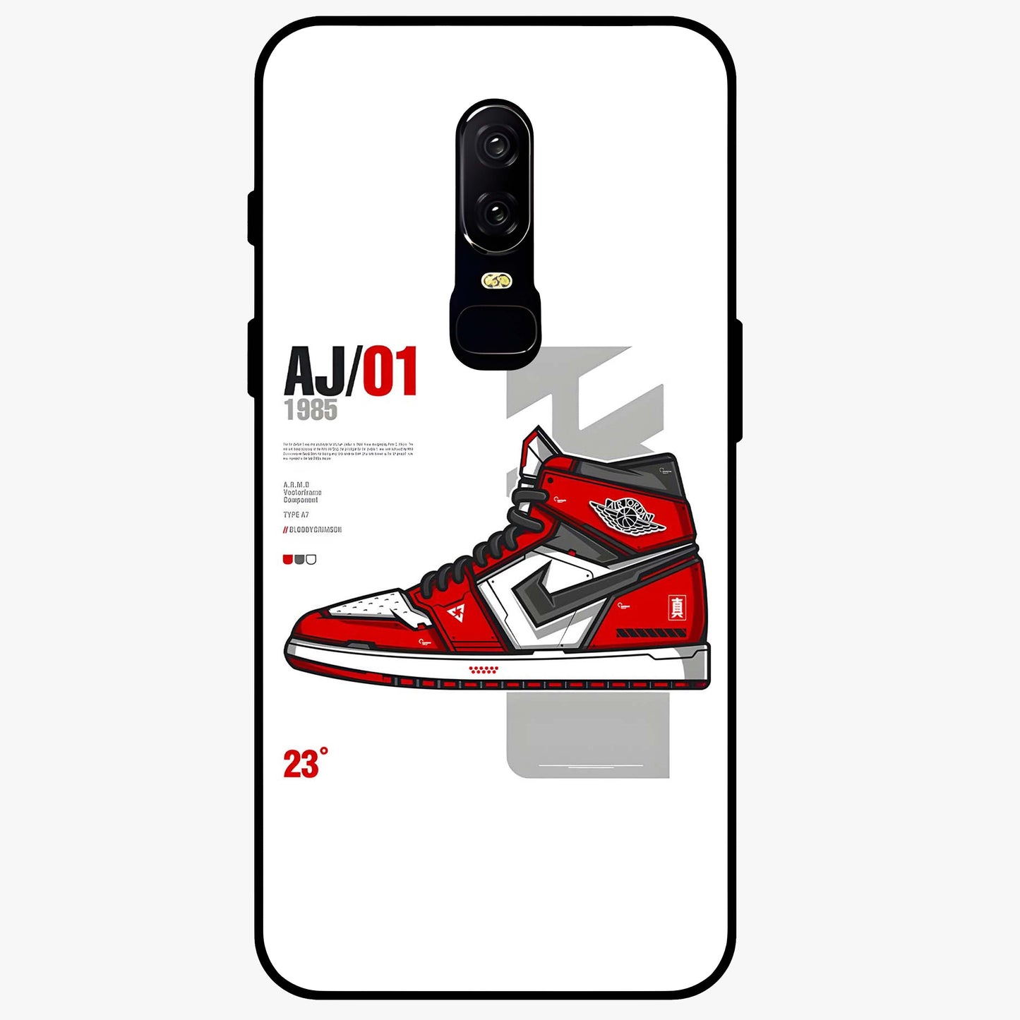 Retro Sneaker Blueprint Glass Case showing flat back view with sneaker blueprint style artwork and glossy glass finish.