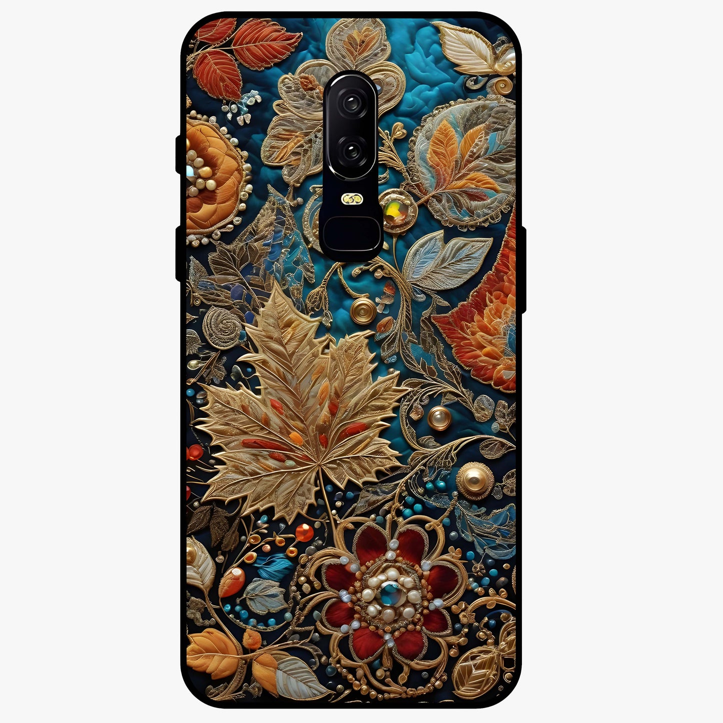 Royal Jewel Garden Glass Case showing flat back view with decorative floral garden artwork and glossy glass finish.