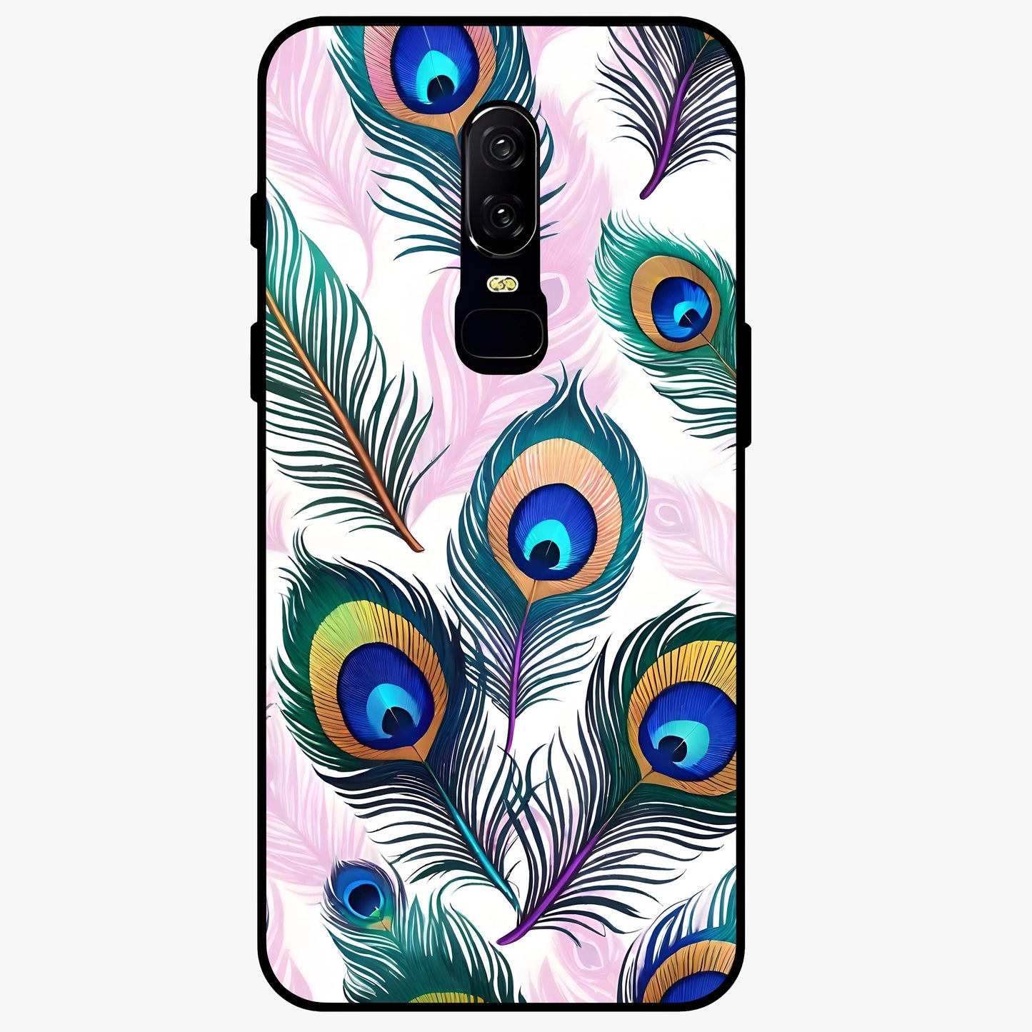 Royal Peacock Feathers Glass Case showing flat back view with colorful peacock feather artwork and glossy glass finish.