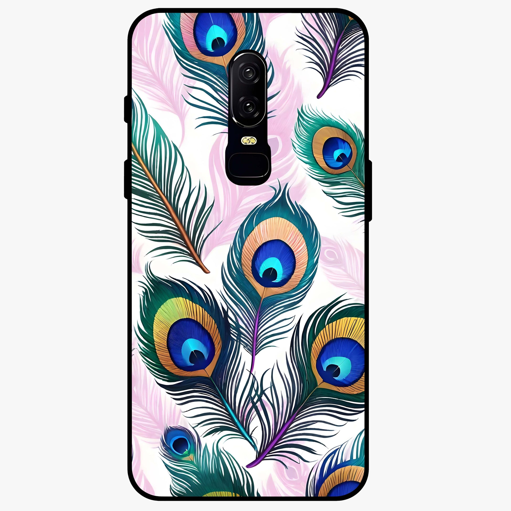 Royal Peacock Feathers Glass Case showing flat back view with colorful peacock feather artwork and glossy glass finish.