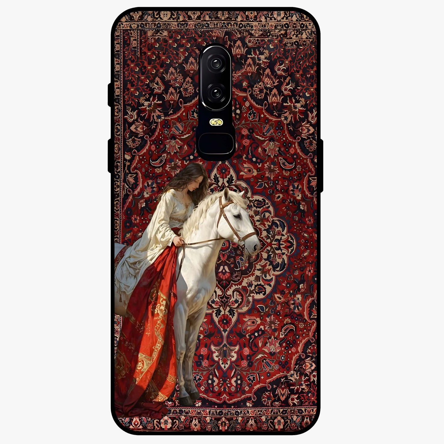 Royal Rider Tapestry Glass Case showing flat back view with majestic horse rider tapestry artwork and glossy glass finish.