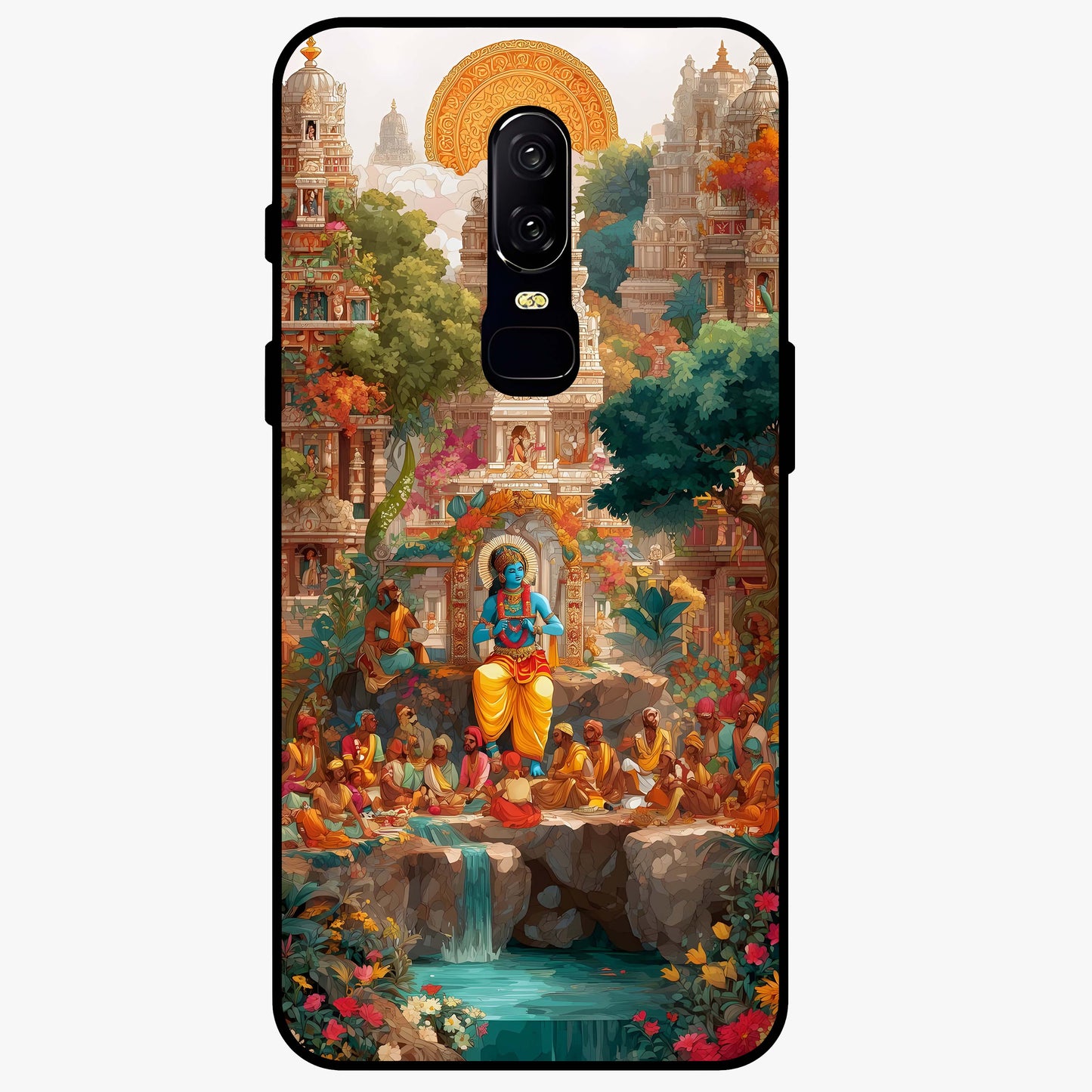 Sacred Sunlight Gods Glass Case showing flat back view with divine sunlight themed artwork and glossy glass finish.