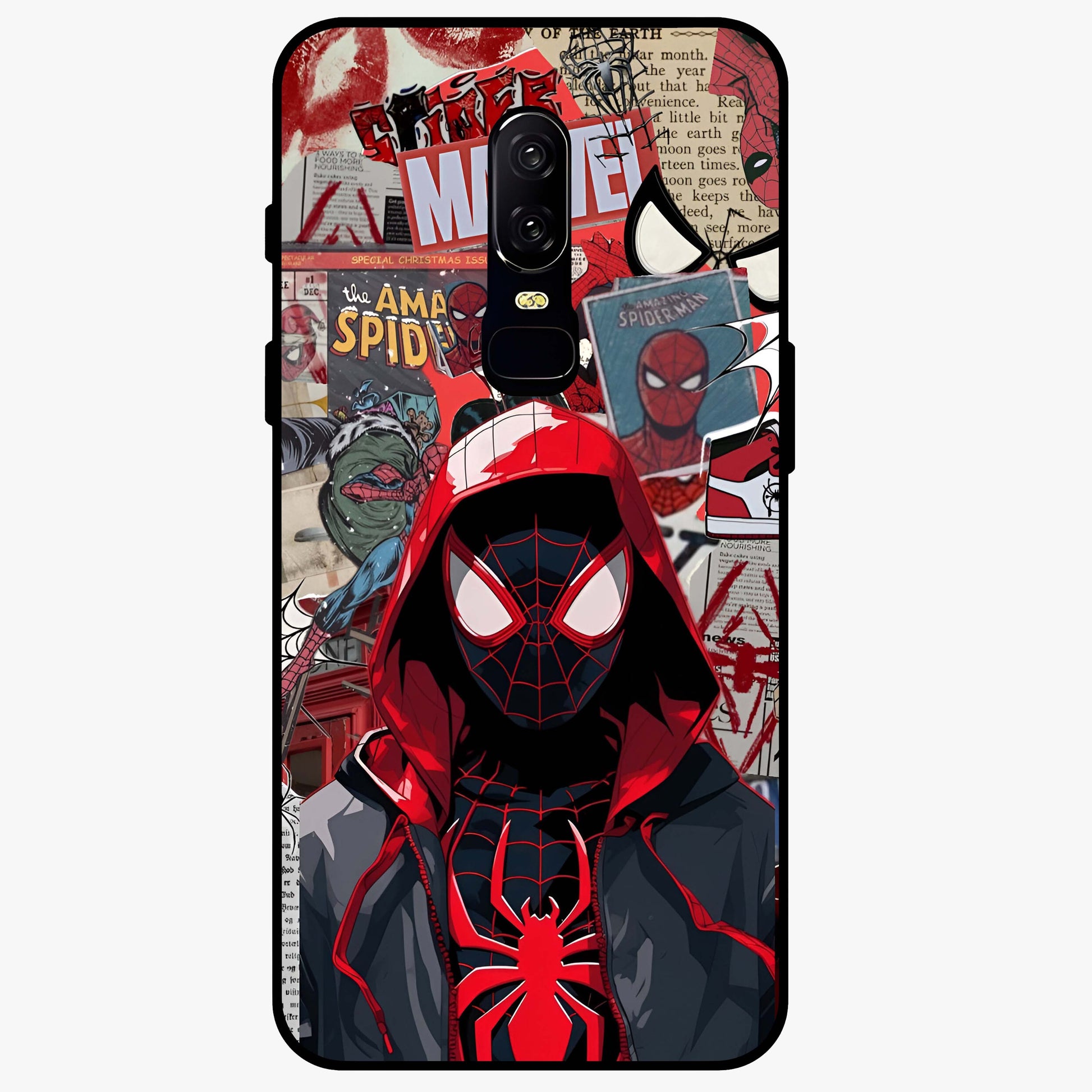 Spider Collage Street Glass Case showing flat back view with vibrant superhero collage artwork and glossy glass finish.