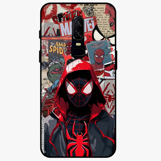 Spider Collage Street Glass Case showing flat back view with vibrant superhero collage artwork and glossy glass finish.