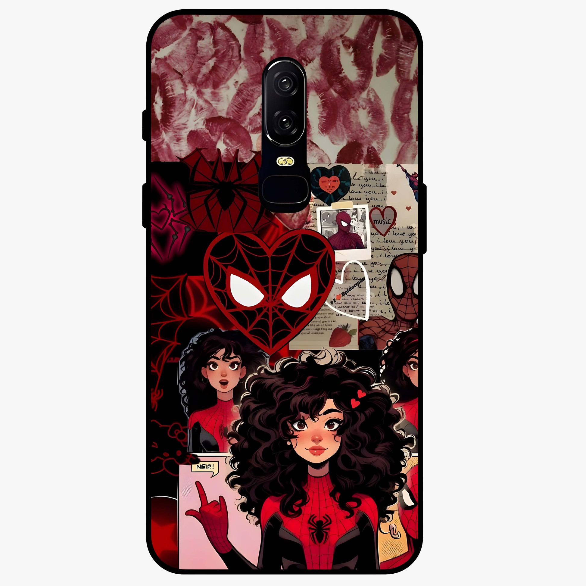 Spider Love Story Glass Case showing flat back view with romantic superhero themed artwork and glossy glass finish.