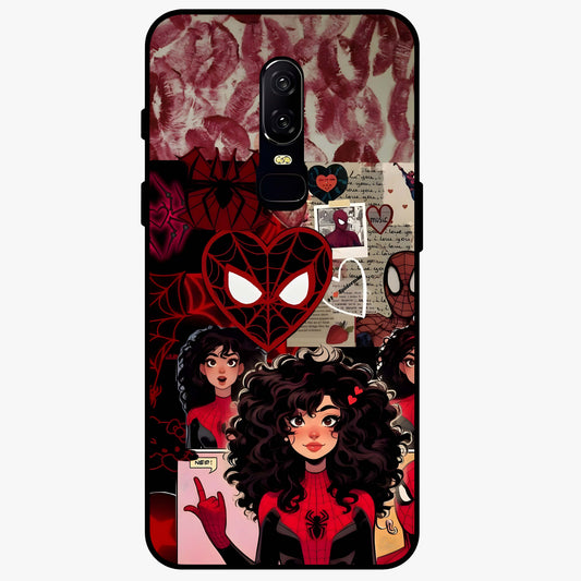 Spider Love Story Glass Case showing flat back view with romantic superhero themed artwork and glossy glass finish.