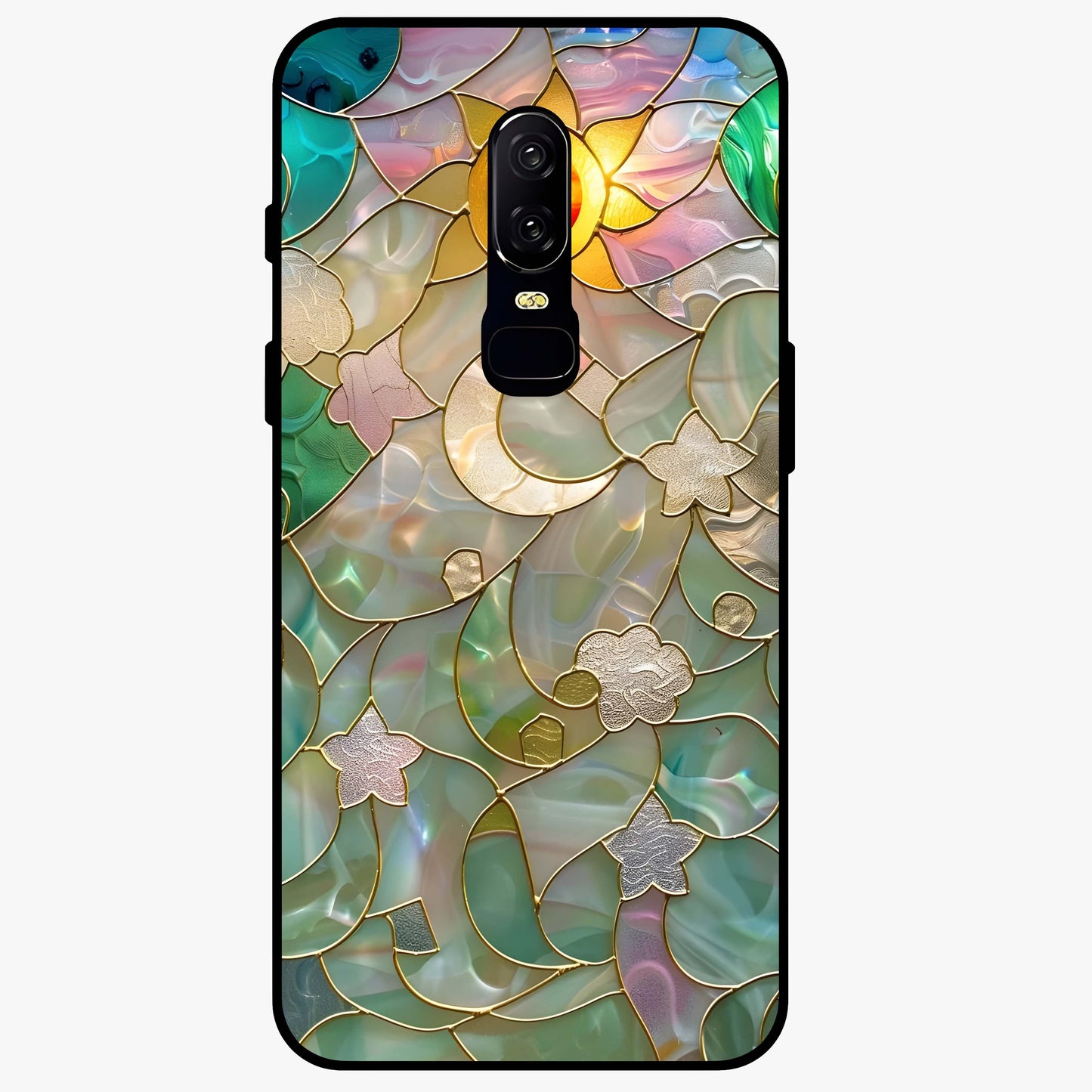 Stained Sunrise Glow Glass Case showing flat back view with glowing sunrise stained pattern artwork and glossy glass finish.