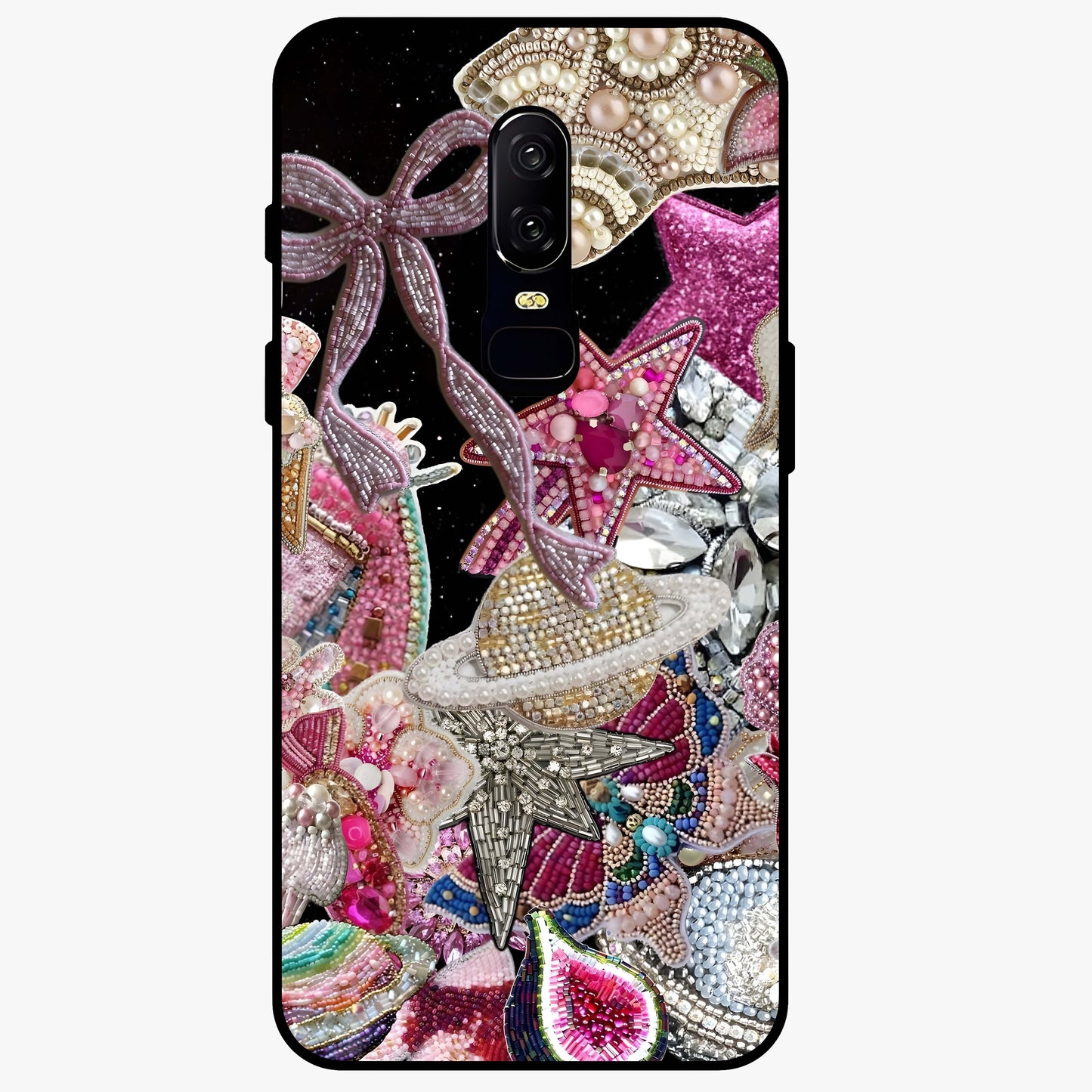 Starlit Jewel Dream Glass Case showing flat back view with sparkling jewel and star themed artwork and glossy glass finish.