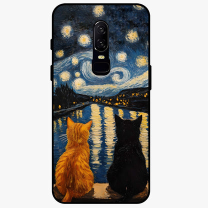 Starry River Cats Glass Case showing flat back view with cats by a starry river artwork and glossy glass finish.