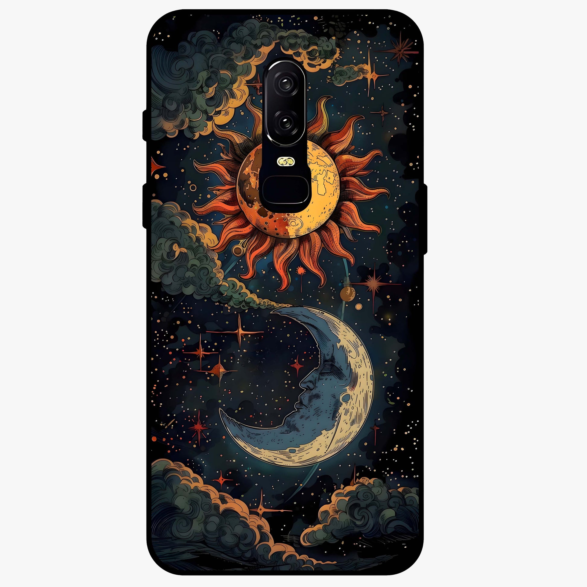 Sun And Moon Magic Design Glass Case showing flat back view with mystical sun and moon artwork and glossy glass finish.