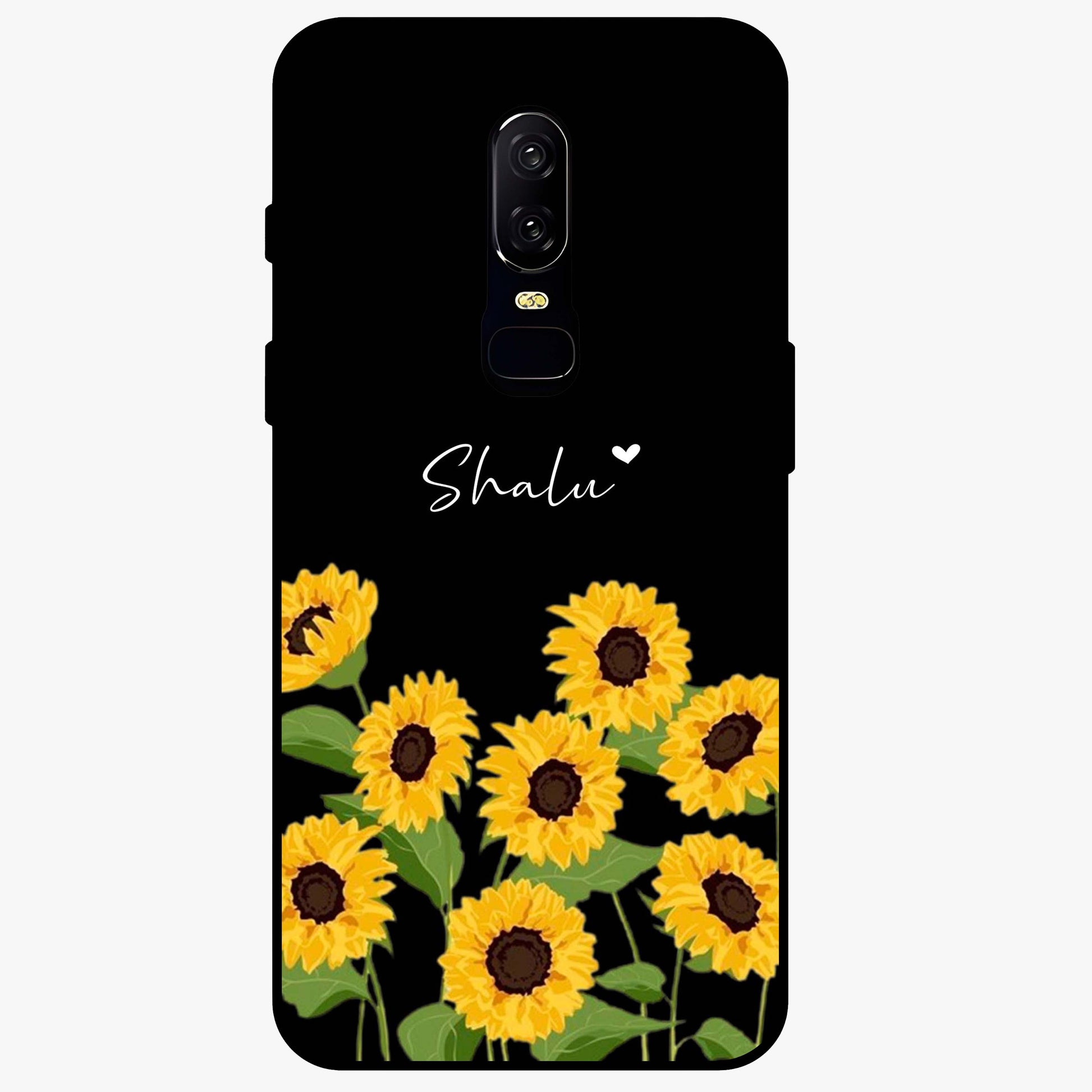 Sunflower Chic Mood Custom Name Glass Case showing flat back view with stylish sunflower artwork and personalized name design.
