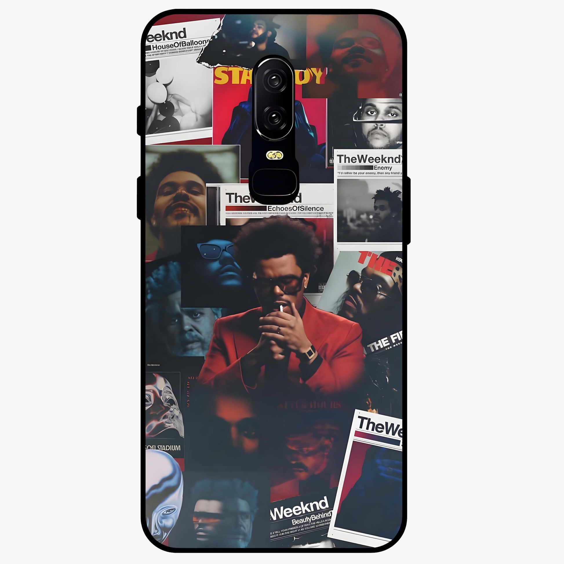 The Weeknd Glass Case showing flat back view with music inspired artistic portrait artwork and glossy glass finish.