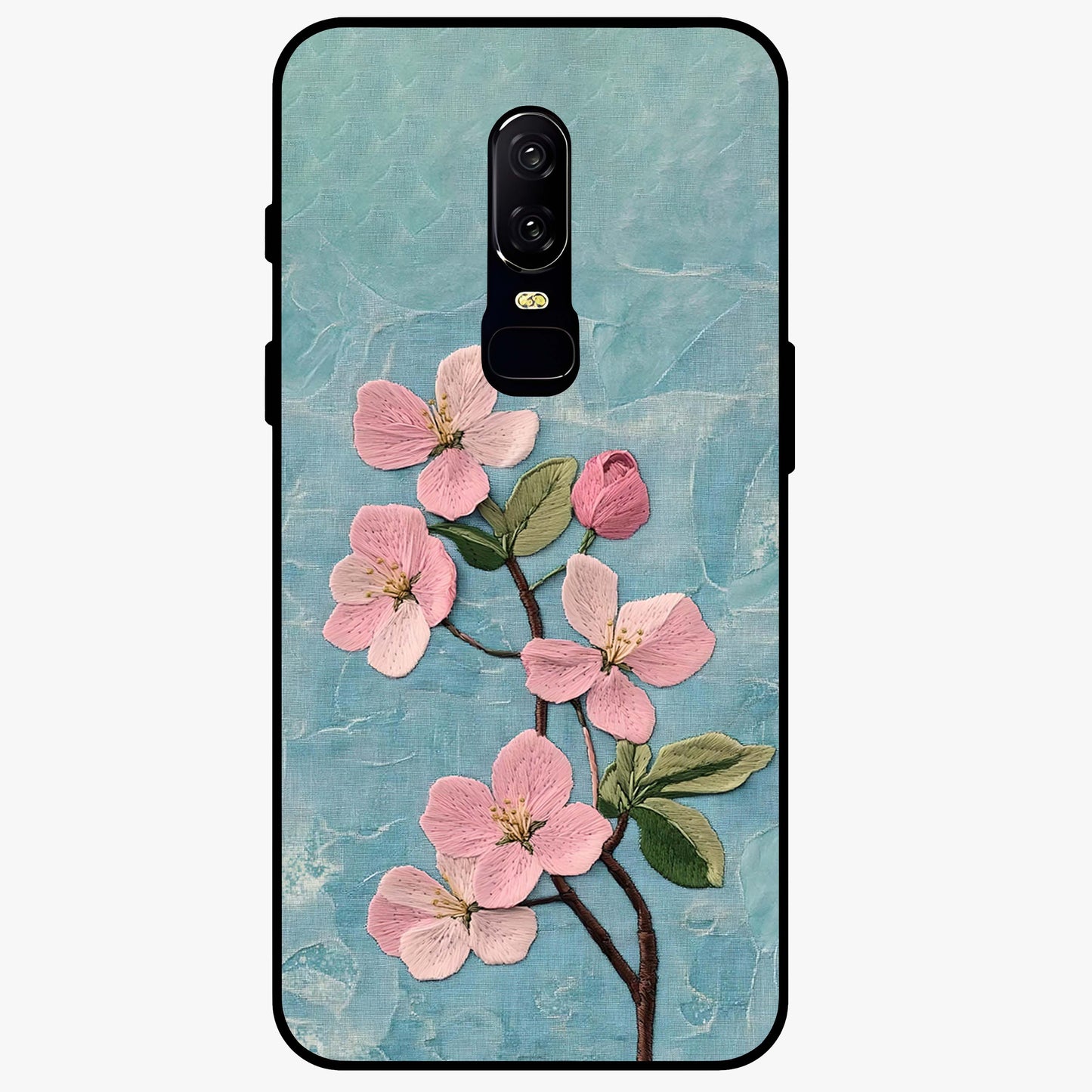 Threaded Blossom Breeze Glass Case showing flat back view with delicate blossom artwork and glossy glass finish.