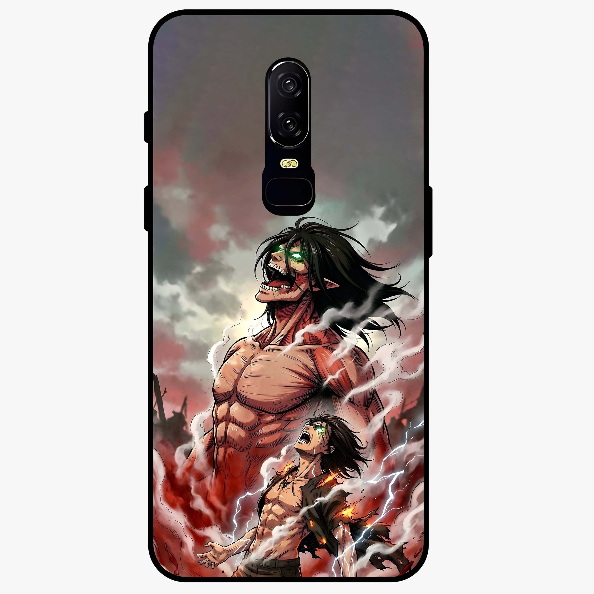 Titan Awakening Fury Glass Case showing flat back view with powerful titan inspired artwork and glossy glass finish.