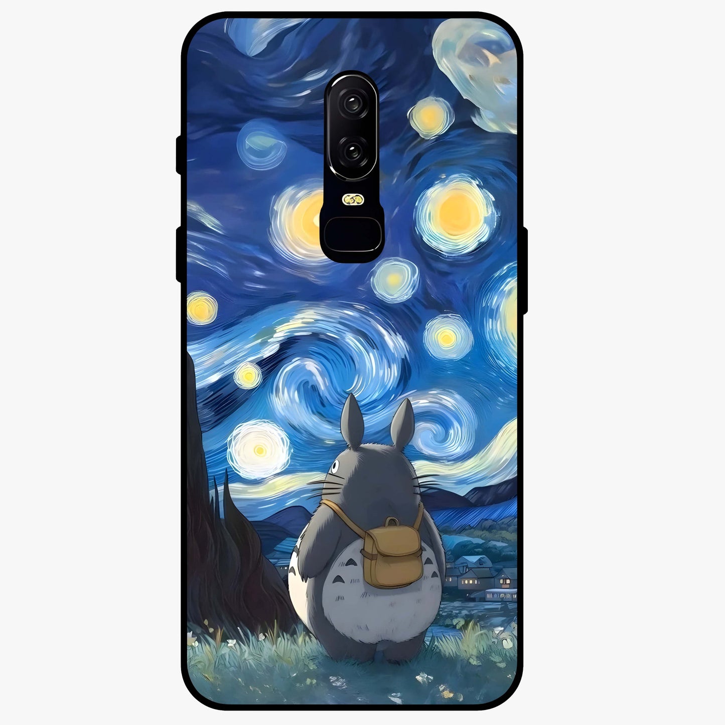 Totoro In Van Gogh Art Glass Case showing flat back view with whimsical character artwork inspired by Van Gogh style and glossy glass finish.