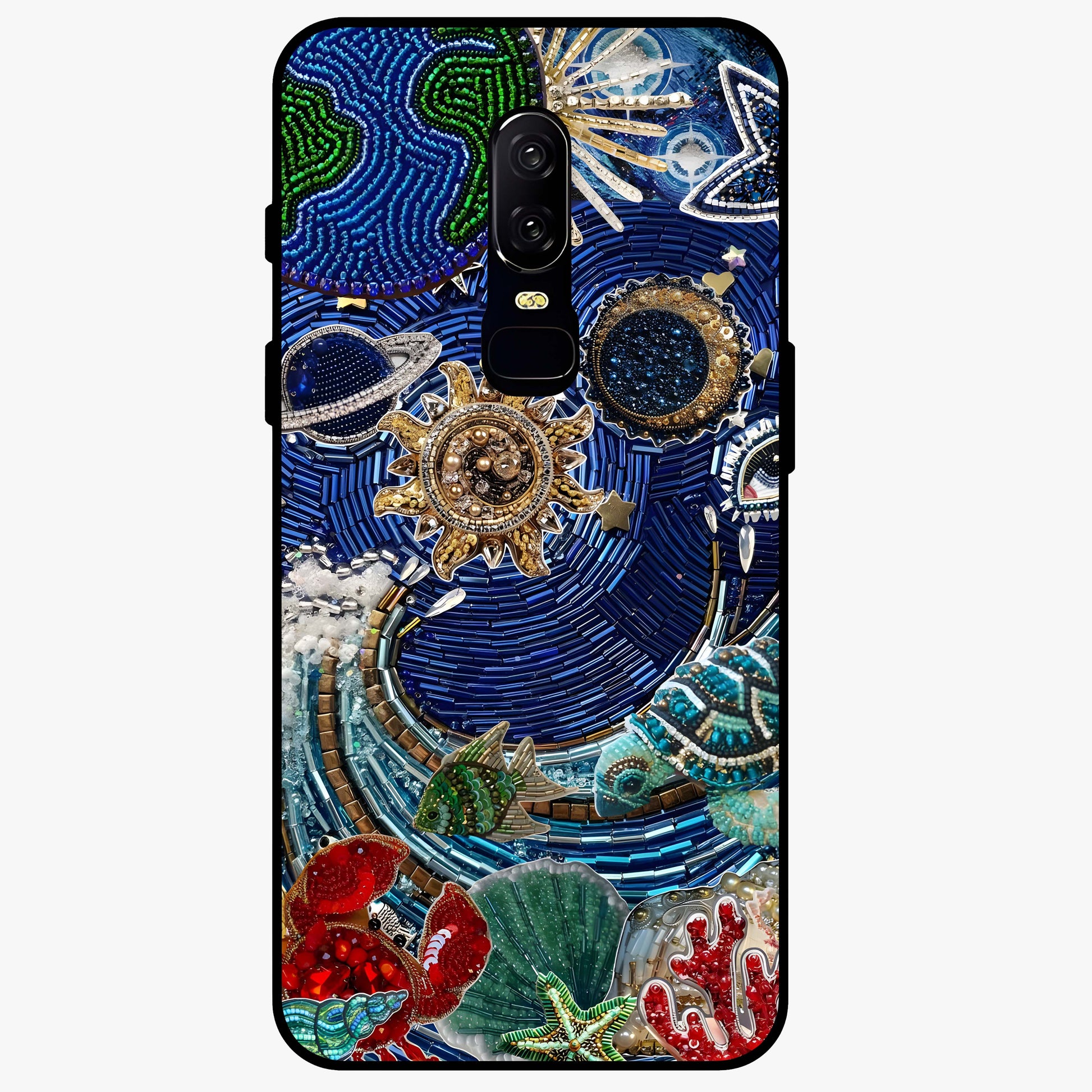 Universe Underwater Spark Glass Case showing flat back view with cosmic underwater themed artwork and glossy glass finish.