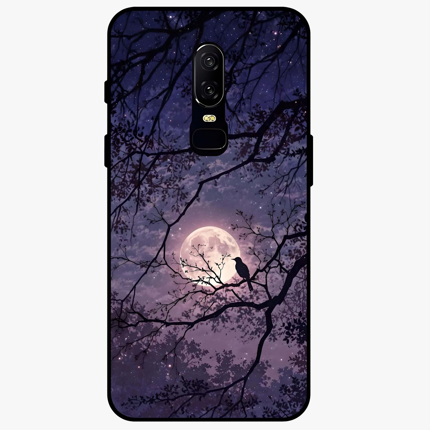 Whispering Moon Silence Glass Case showing flat back view with serene moon themed artwork and glossy glass finish.
