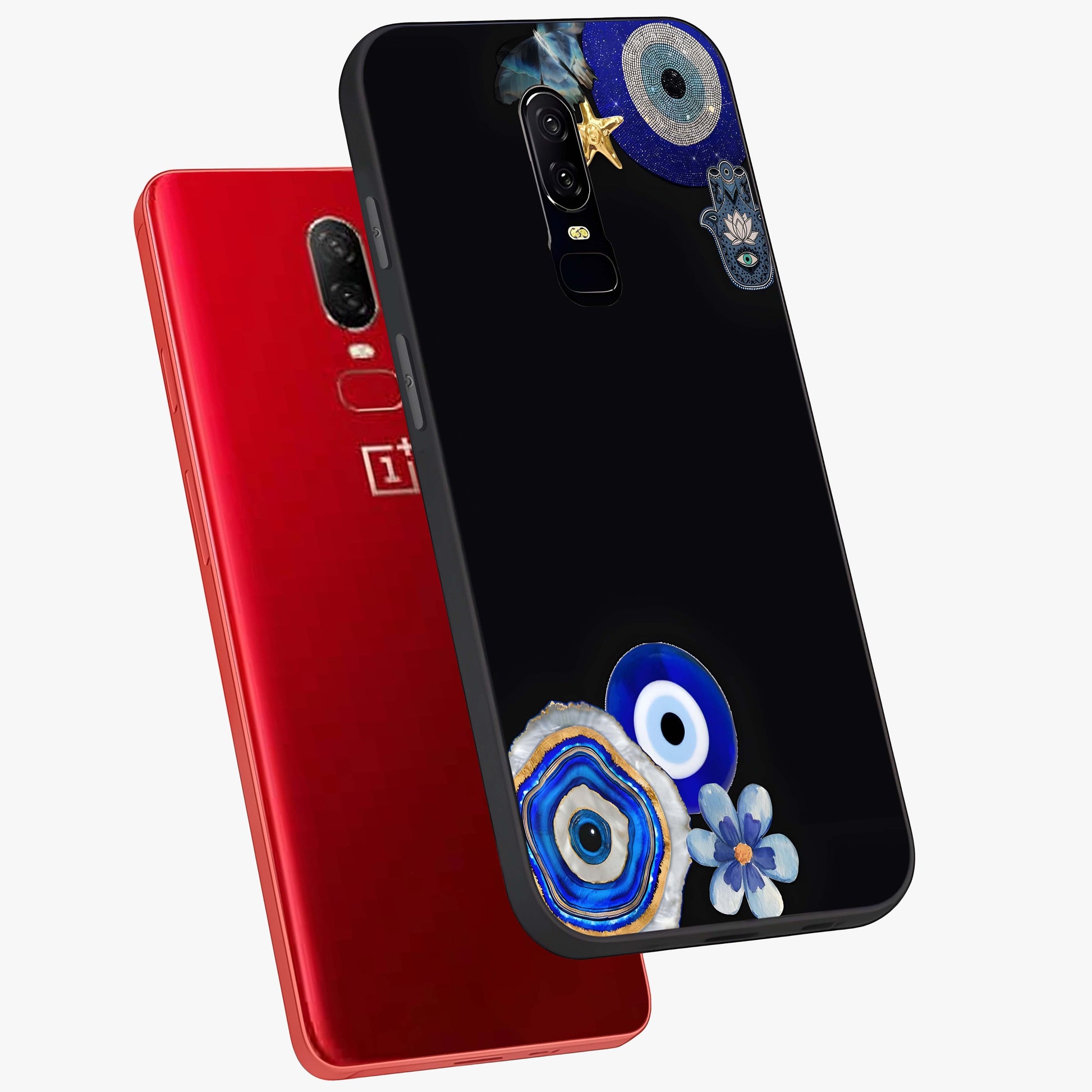 Aesthetic Blue Evil Eye Glass Case displayed in angled mockup highlighting blue evil eye symbol and spiritual aesthetic design.