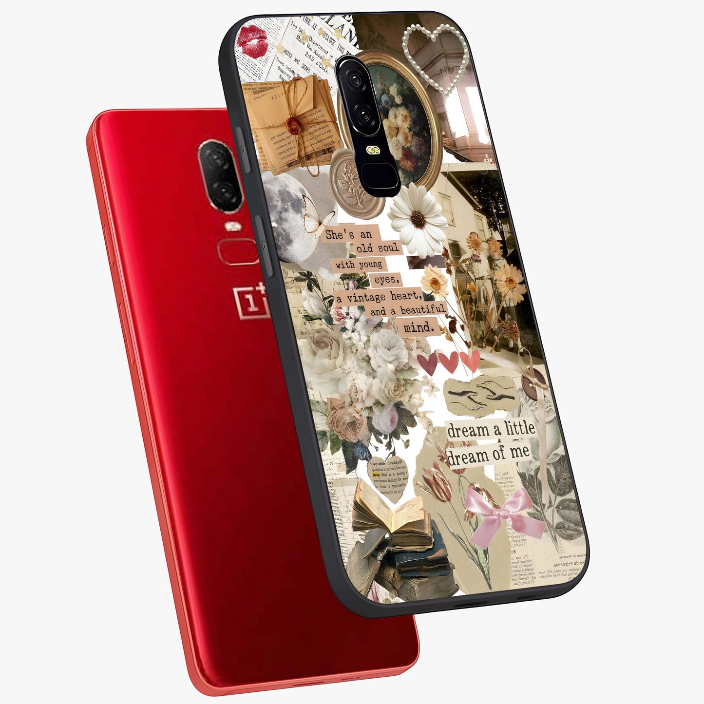 Aesthetic Brown Vintage Collage Glass Case displayed in angled mockup highlighting vintage aesthetic collage design.