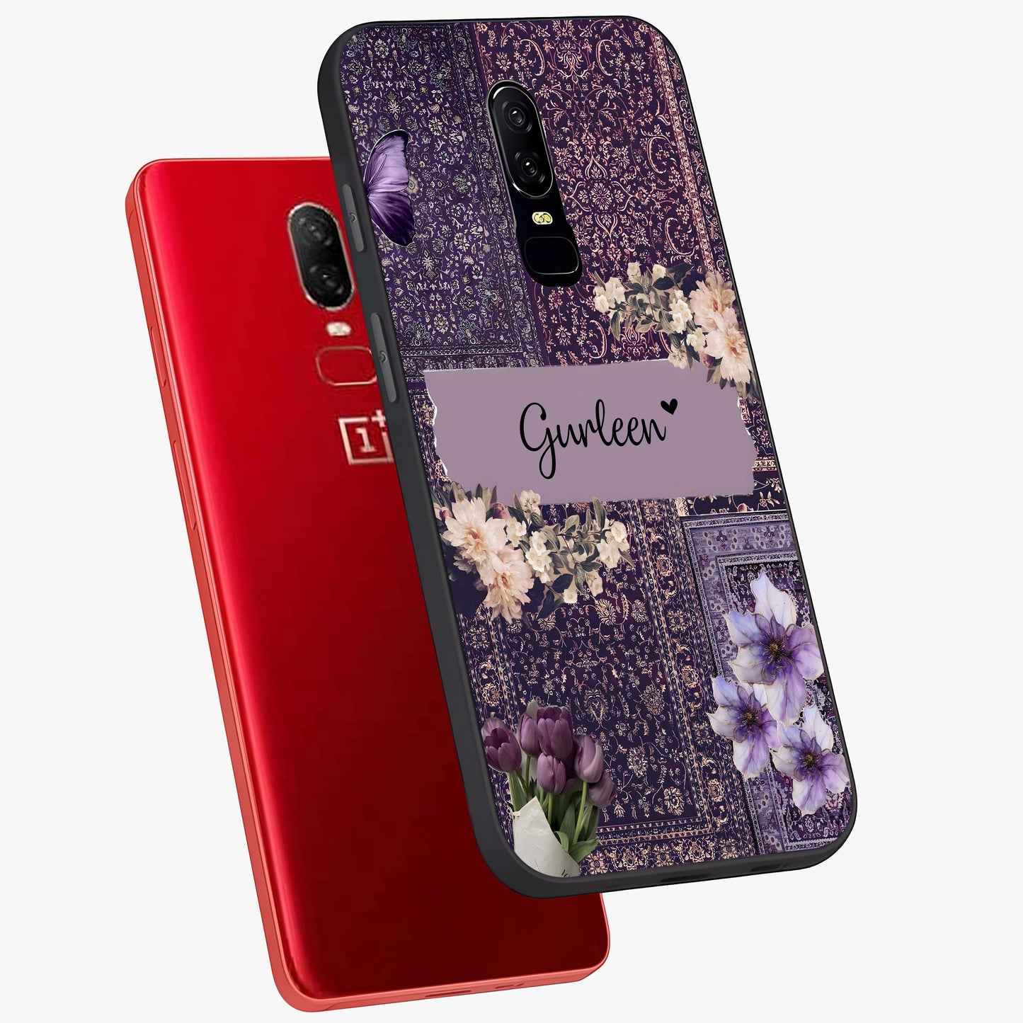 Antique Floral Whisper Custom Name Glass Case displayed in angled mockup highlighting elegant antique floral aesthetic.