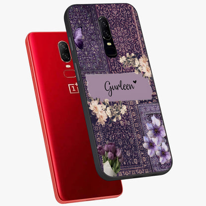 Antique Floral Whisper Custom Name Glass Case displayed in angled mockup highlighting elegant antique floral aesthetic.