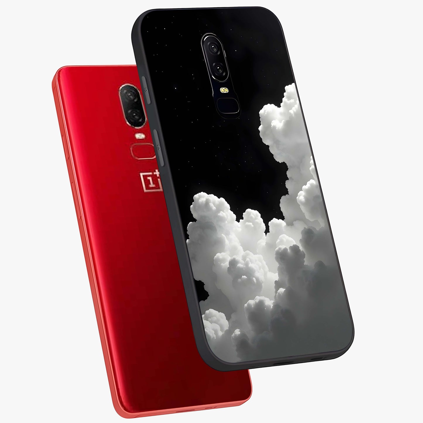Black Background With White Cloud Glass Case displayed in angled mockup highlighting soft white cloud illustration and minimal design.