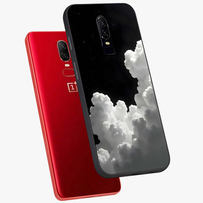 Black Background With White Cloud Glass Case displayed in angled mockup highlighting soft white cloud illustration and minimal design.