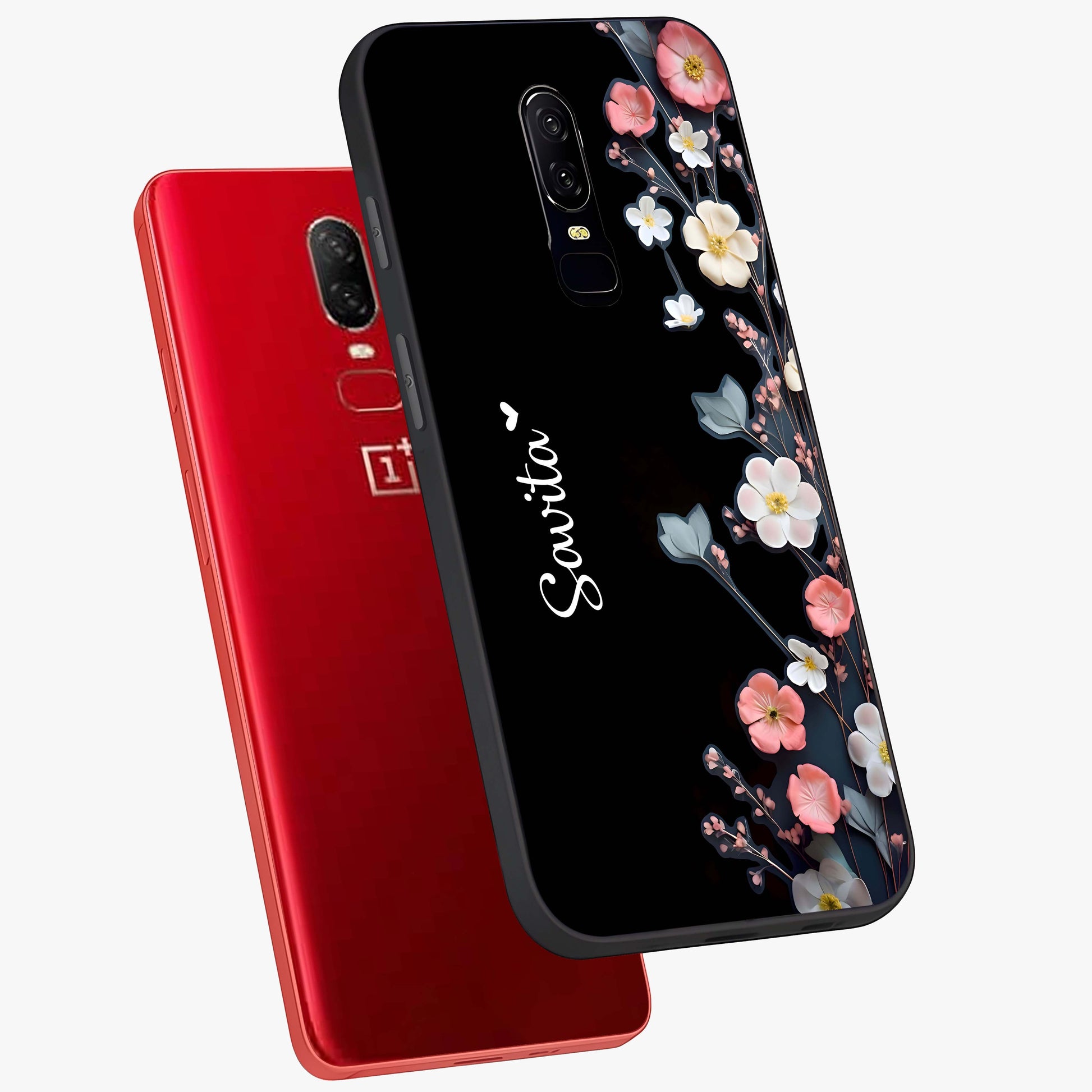 Black Elegance Floral Custom Name Glass Case displayed in angled mockup highlighting dark floral aesthetic and custom name feature.