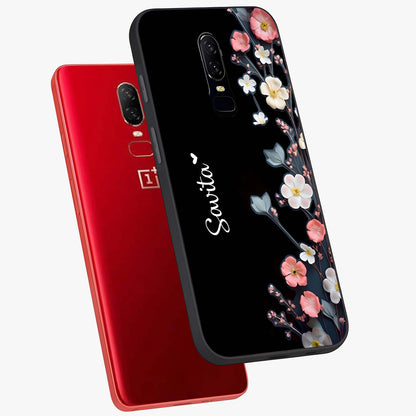 Black Elegance Floral Custom Name Glass Case displayed in angled mockup highlighting dark floral aesthetic and custom name feature.