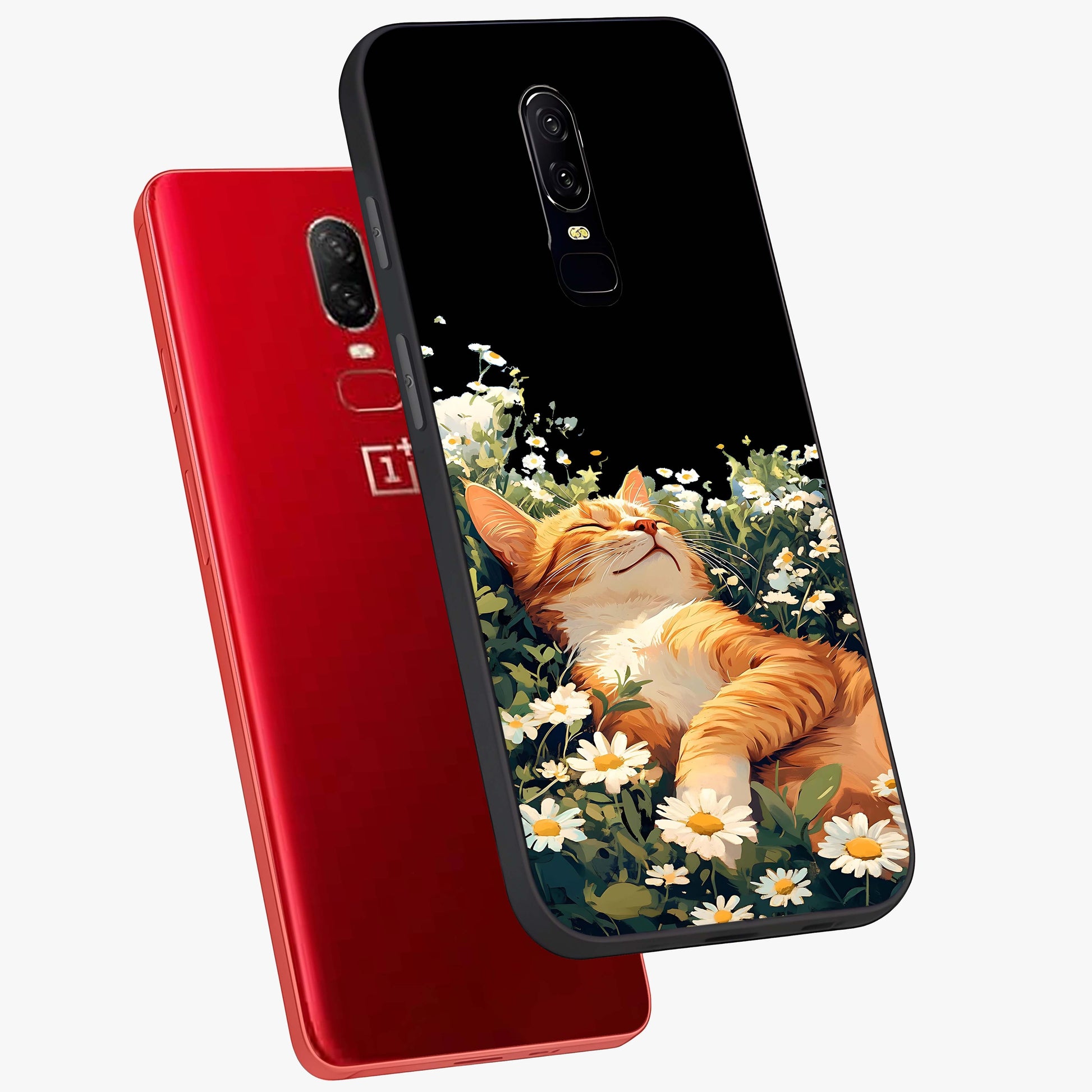 Blissful Bloom Cat Glass Case displayed in angled mockup highlighting playful feline illustration with soft floral aesthetic.