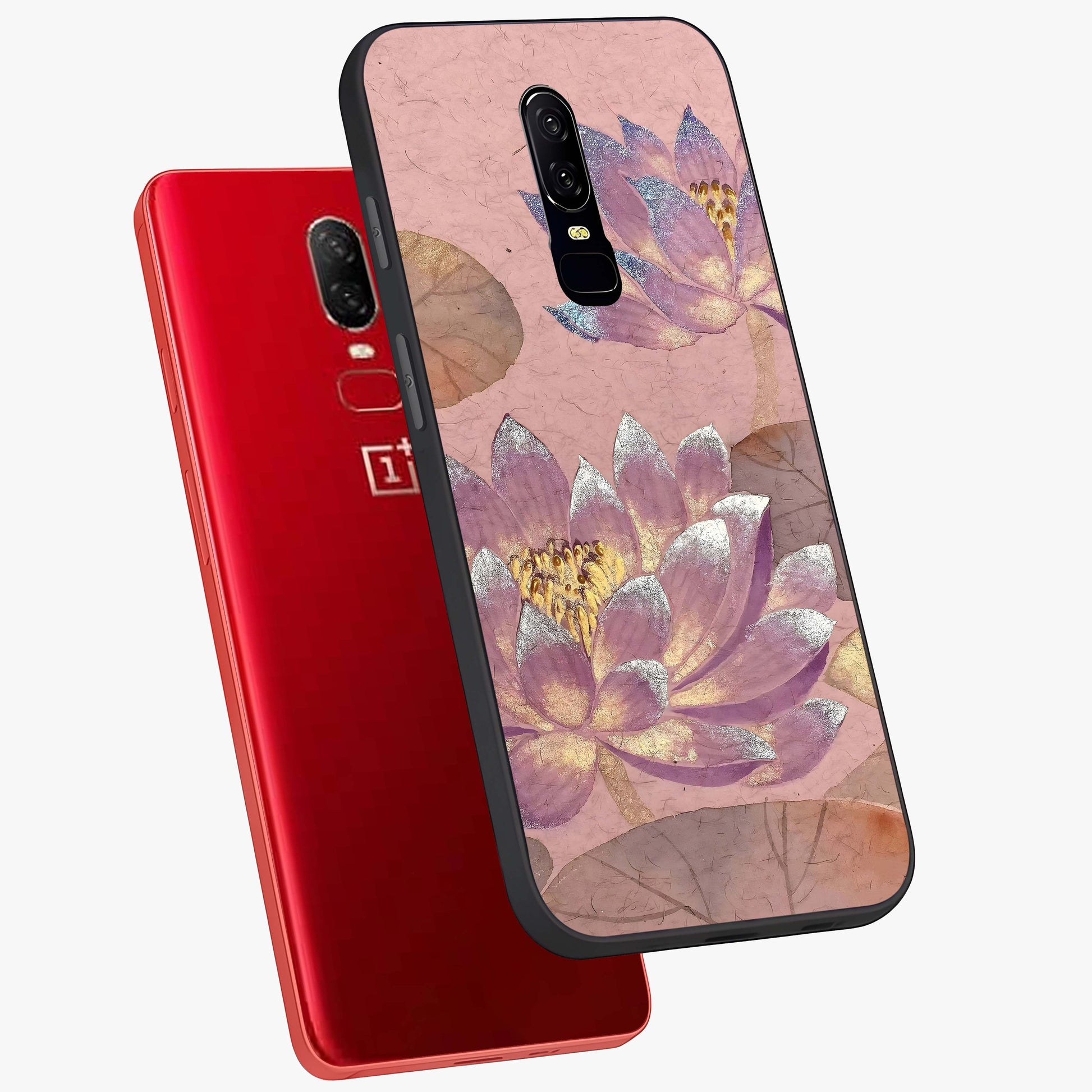 Blossom Mist Lotus Glass Case displayed in angled mockup highlighting delicate lotus illustration with calm aesthetic theme.