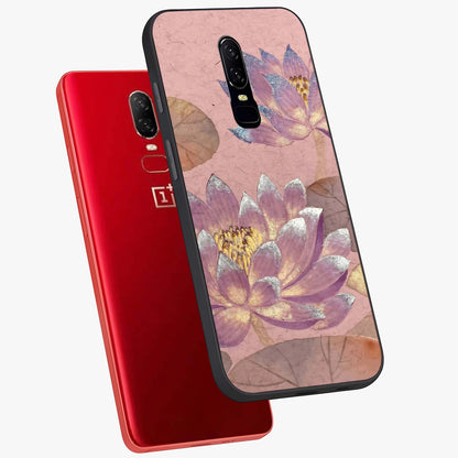 Blossom Mist Lotus Glass Case displayed in angled mockup highlighting delicate lotus illustration with calm aesthetic theme.