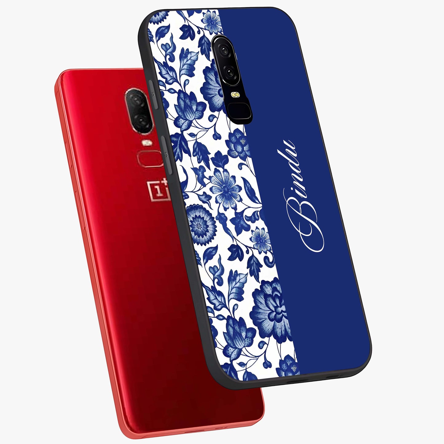 Blue Vintage Floral Pattern Glass Case displayed in angled mockup highlighting subtle bloom pattern with aesthetic pastel design.