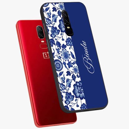 Blue Vintage Floral Pattern Glass Case displayed in angled mockup highlighting subtle bloom pattern with aesthetic pastel design.