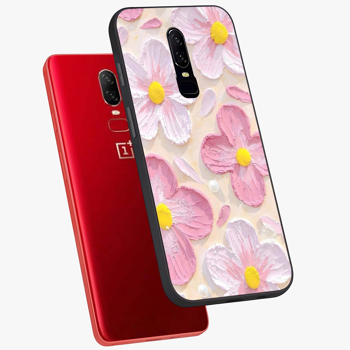 Blush Bloom Texture Glass Case displayed in angled mockup highlighting subtle bloom pattern with aesthetic pastel design.
