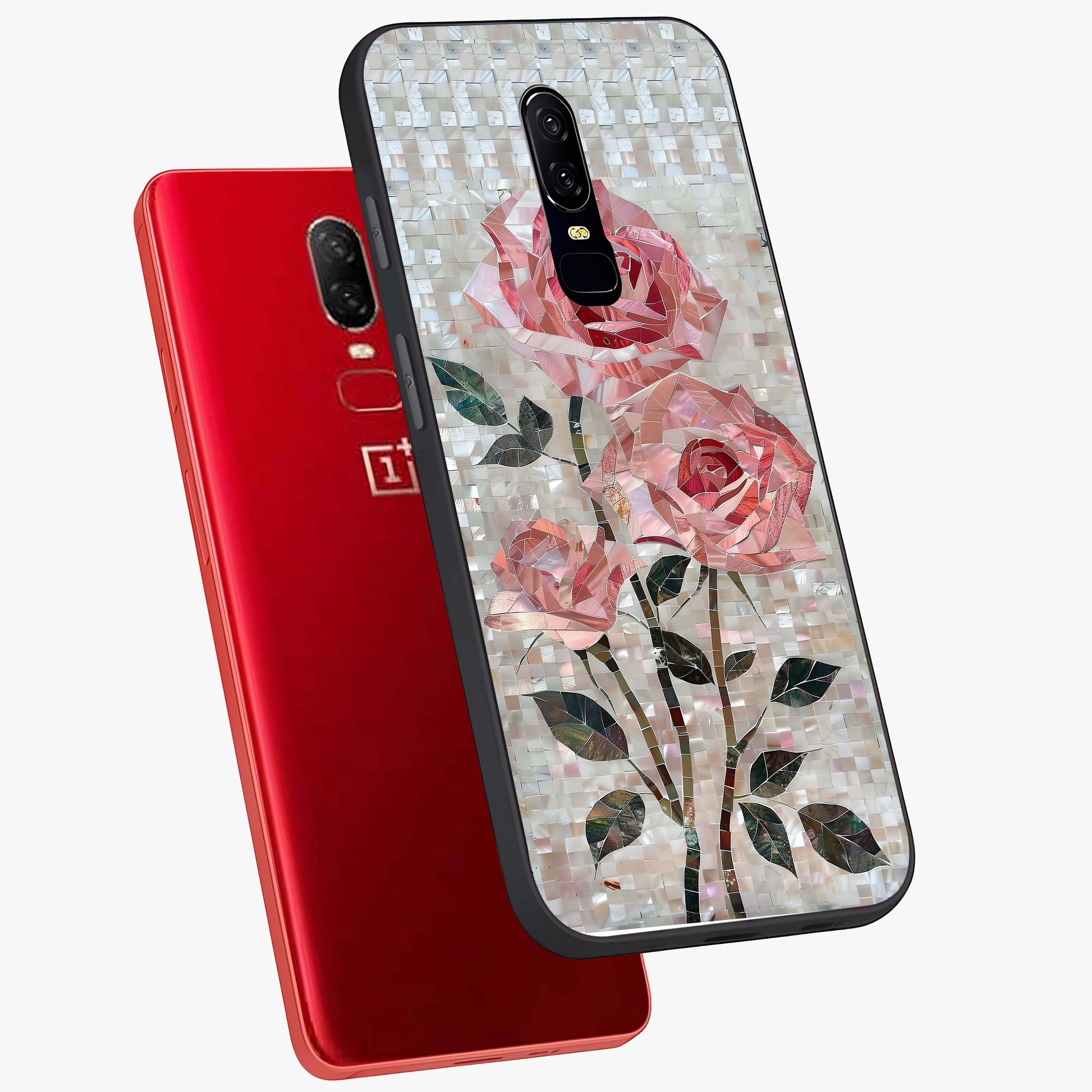Blush Mosaic Bloom Glass Case displayed in angled mockup highlighting artistic mosaic flower pattern with aesthetic design.