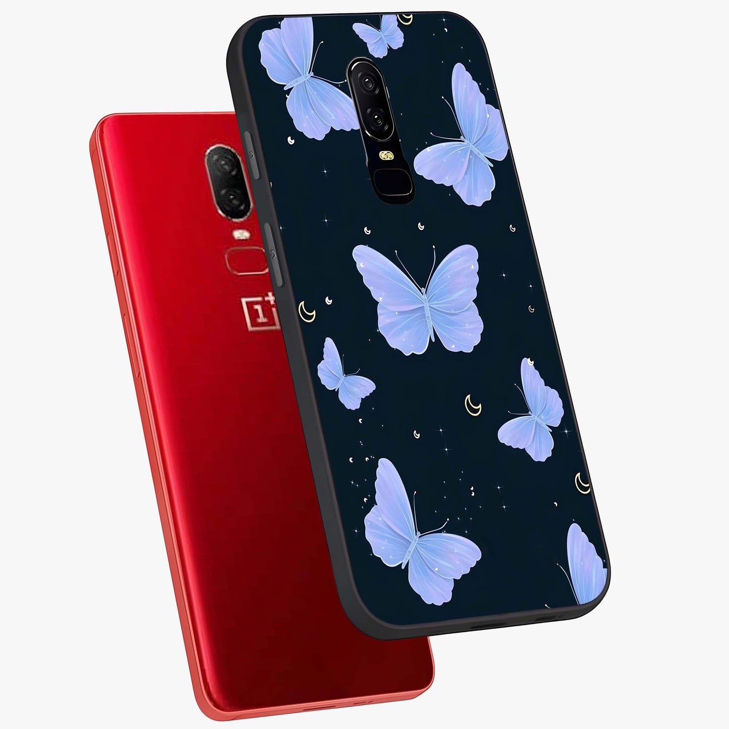 Butterfly With Stars Pattern Glass Case displayed in angled mockup highlighting dreamy butterfly and star design with aesthetic theme.