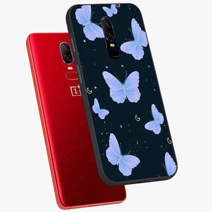 Butterfly With Stars Pattern Glass Case displayed in angled mockup highlighting dreamy butterfly and star design with aesthetic theme.