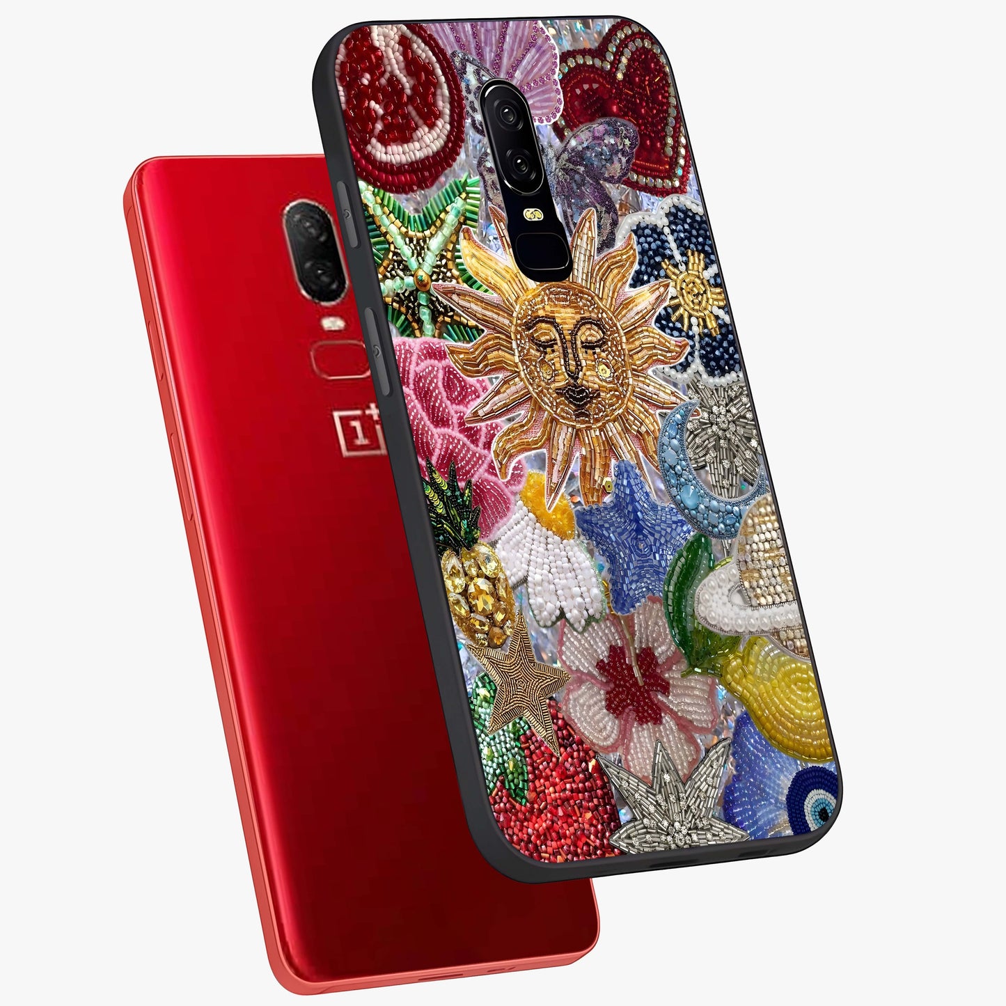 Celestial Floral and Playful Glass Case displayed in angled mockup highlighting playful floral design with dreamy celestial elements.