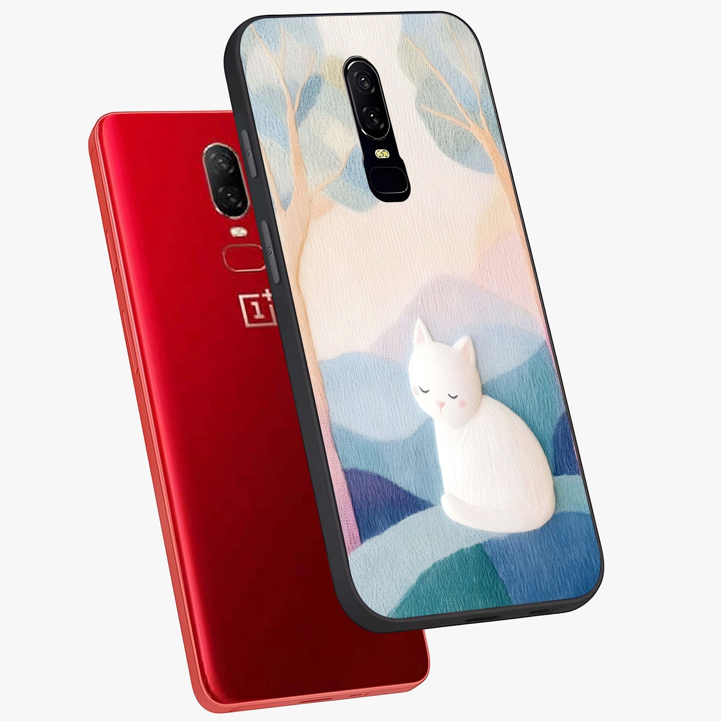Cotton Dream Cat Glass Case displayed in angled mockup highlighting cute feline illustration with pastel aesthetic style.